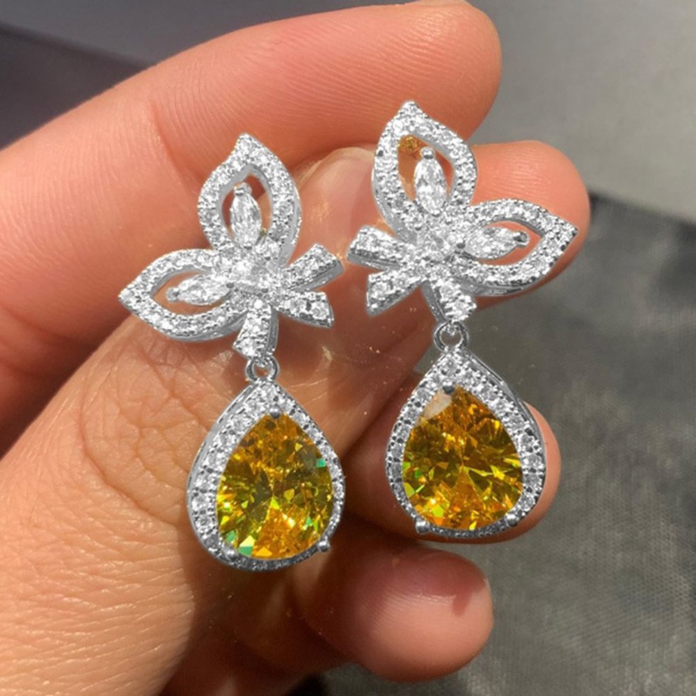 NEW Gold Diamond Butterfly Teardrop Citrine Halo Earrings - Picture 3 of 10